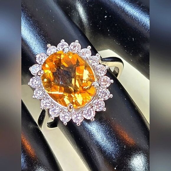 925 Sterling Silver Ring Sz 6.75 with Natural Citrine 12x10mm & CZ - Picture 4 of 8